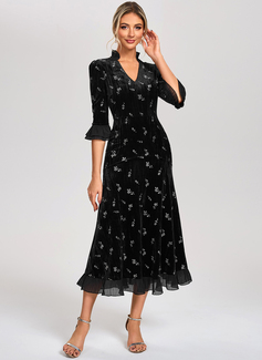 A-line V-Neck Tea-Length Velvet Cocktail Dress With Embroidered 