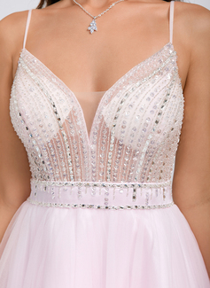 A-line V-Neck Short Tulle Homecoming Dress With Rhinestone Sequins Beading 