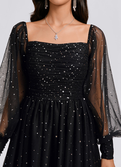 A-line Square Short Tulle Homecoming Dress With Pleated Sequins 