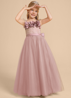 A-line kjole Firkantet hals Gulvlengde Blonder Tyll Brudepikekjole barn med Profilering 3D-blomster 