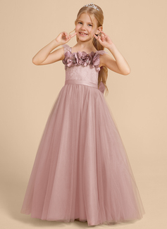 A-line kjole Firkantet hals Gulvlengde Blonder Tyll Brudepikekjole barn med Profilering 3D-blomster 