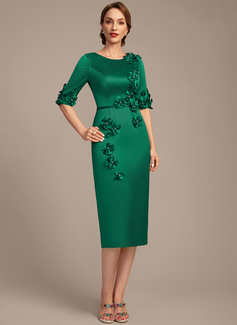 Sheath/Column Scoop Tea-Length Silky Satin Mother of the Bride Dress With Beading 3D Floral 