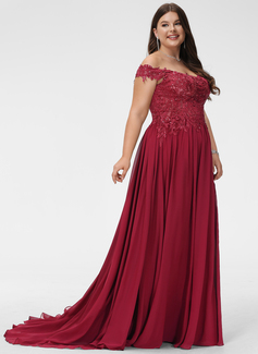 A-line kjole Skulderfri Sweep/Børste train Blonder Chiffon Ballkjole med paljetter 