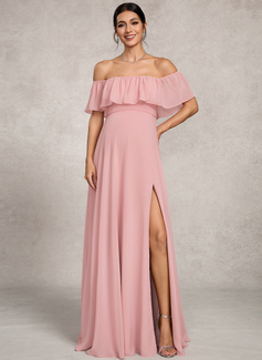 A-line Off the Shoulder Floor-Length Chiffon Maternity Dresses With Bow 