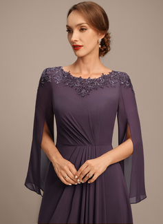 A-line Scoop Floor-Length Chiffon Mother of the Bride Dress With Pleated Sequins Appliques Lace 