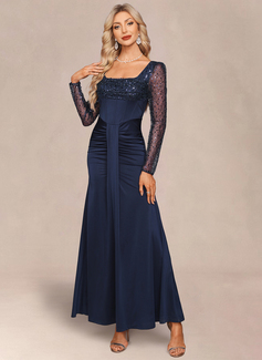 Square Long Sleeve Trumpet/Mermaid Tulle Sequin stretchy fabric Maxi Dress 