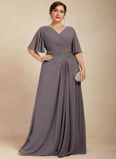 A-line kjole V-hals Gulvlengde Chiffon mesh Kjole til brudens mor med Plissert 