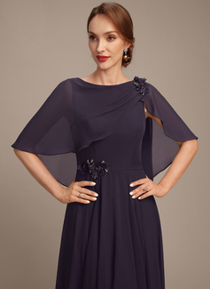 A-line Boat Neck Ankle-Length Chiffon Mother of the Bride Dress With Beading Cape 3D Floral Pleated 