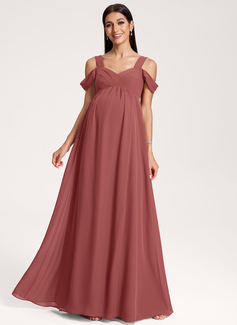 A-line Cold Shoulder V-Neck Floor-Length Chiffon Maternity Dresses With Pleated 