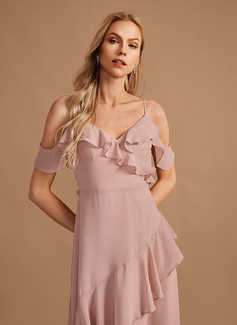 A-formet V-hals Gulvlengde Chiffong Brudepikekjole med Frynse 