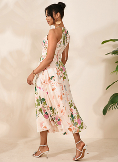 Floral Print Halter Sleeveless A-line Printed Fabric Midi Dress 