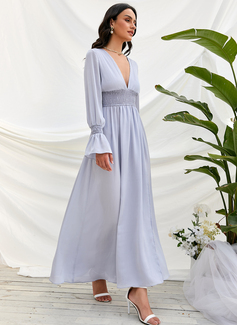 Splittet Front V-hals Lange ermer Elegant A-line kjole Satin Midi Motekjoler 