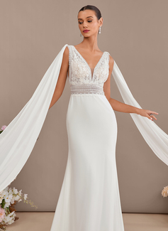 Trumpet/Mermaid V-Neck Sweep Train Lace Chiffon Wedding Dress With Sequins 