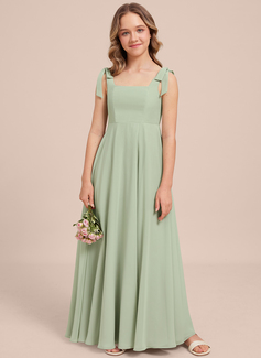 A-line Square Floor-Length Chiffon Junior Bridesmaid Dress With Bow 