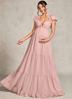 A-line V-Neck Floor-Length Chiffon Maternity Dresses With Ruffle Bow 