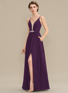 A-line kjole V-hals Gulvlengde Chiffon Brudepikekjole med Profilering paljetter 