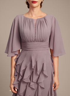 A-line Boat Neck Floor-Length Chiffon Mother of the Bride Dress With Ruffle Sequins Beading 