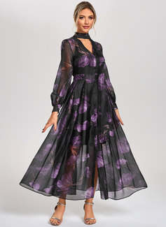 A-line V-Neck Ankle-Length Chiffon Jersey Cocktail Dress With Floral Print 