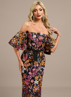 Sheath/Column Off the Shoulder Floor-Length Lace Floral Sequin Evening Dress With Bow 