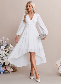 A-line V-Neck Tea-Length Asymmetrical Lace Chiffon Wedding Dress 