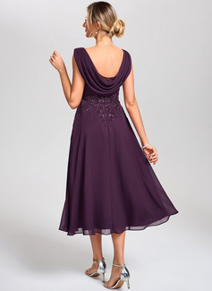 A-line V-Neck Tea-Length Chiffon Lace Cocktail Dress With Sequins 
