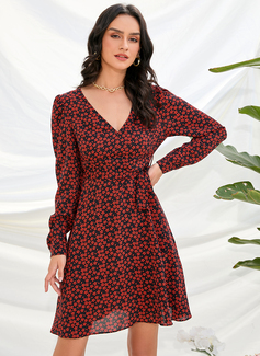 V-hals Lange ermer Ferie A-line kjole Chiffong Mini Motekjoler 