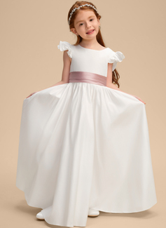 A-line Scoop Floor-Length Lining 100% Cotton Satin Flower Girl Dress With Bow 