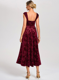 Jacquard Cowl Square Sleeveless A-line Velvet Midi Dress 