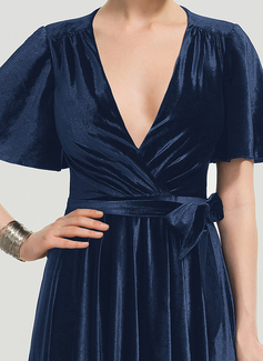 A-Linien-Kleid V-Ausschnitt Vokuhila Samt Brautjungfernkleid mit Schleife 