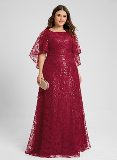 A-Linien-Kleid Rundhals Bodenlang Pailletten Spitze Abendkleid mit Cape-Ärmel 