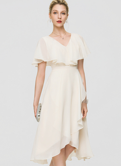 A-line V-Neck Asymmetrical Chiffon Cocktail Dress With Bow Cascading Ruffles 