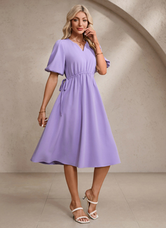 V-Neck Short Sleeve A-line Stretch Crepe Midi Dress 