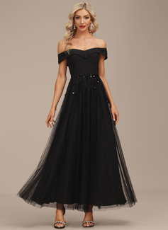 A-line kjole Bare skuldre Ankel-lengde Chiffong Tyll Festkjole med paljetter Profilering 