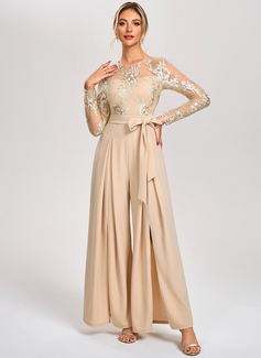 Jumpsuits Illusion Floor-Length Tulle Stretch Crepe Cocktail Dress With Embroidered 