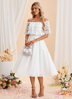 Off the Shoulder Sleeveless A-line Chiffon Lace Midi Dress 
