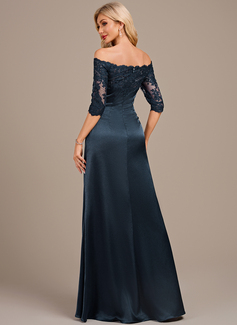 Sheath/Column Off the Shoulder Floor-Length Lace Stretch Satin Mother of the Bride Dress With Pleated 
