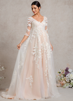 A-line V-Neck Sweep Train Tulle Lace Maternity Dresses 
