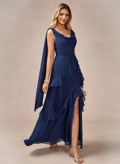 A-line Cowl Floor-Length Chiffon Evening Dress With Cascading Ruffles Cape 
