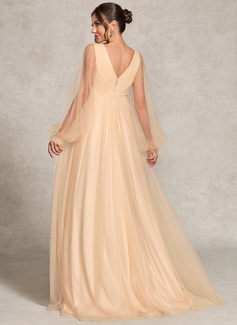 A-line V-Neck Sweep Train Tulle Maternity Dresses With Pleated 