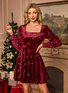 Embroidered Square Long Sleeve A-line Velvet Mini Dress 