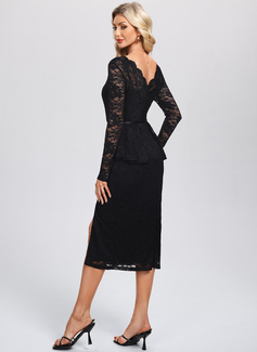 V-Neck Long Sleeve Sheath/Column Lace Midi Dress 