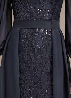 Sheath/Column V-Neck Floor-Length Detachable Lace Sequin Chiffon Evening Dress With Overskirt 