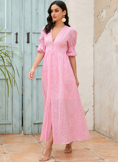 V-hals 1/2-ermer Avslappet A-line kjole Polyester Midi Motekjoler 