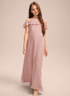 A-formet Off-the-Shoulder Gulvlengde Chiffong Brudepikekjole til tenåringer 