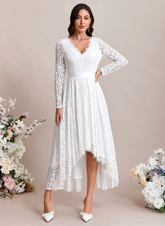 A-line V-Neck Ankle-Length Asymmetrical Lace Wedding Dress With Ruched 