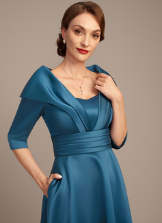A-line Sweetheart Collared Tea-Length Satin Mother of the Bride Dress With Pleated 