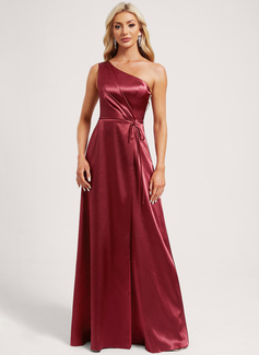 A-line kjole En skuldret Gulvlengde Strekk sateng Brudepikekjole 