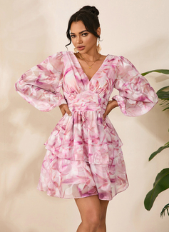 Floral Print Jacquard V-Neck Long Sleeve A-line Chiffon Mini Dress 