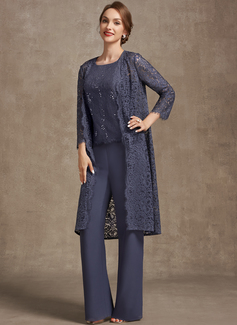 Buksedresser Scoop Gulvlengde Chiffon Blonder Kjole til brudens mor med paljetter 