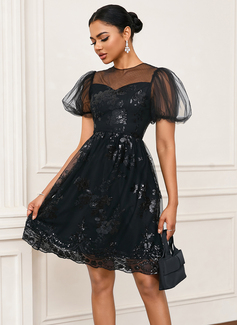 Sequins Scoop Illusion Short Sleeve A-line Tulle Mini Dress 